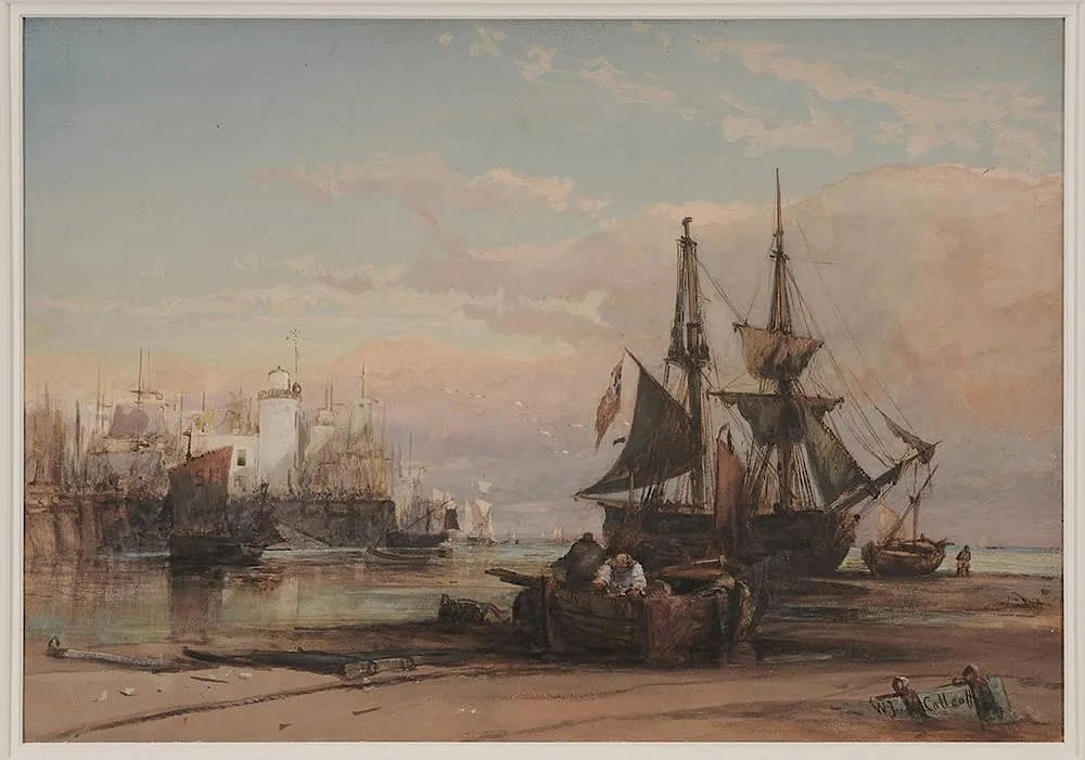 William James Callcott, On Scarborough Sands-Sunset, watercolor and gouache on paper board