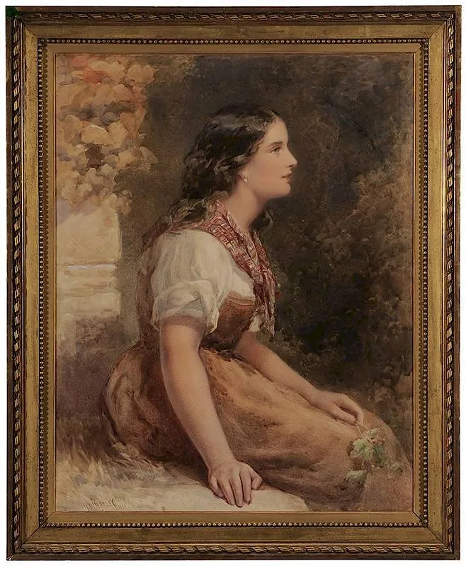Henry Whatley, Young Italian Beauty, seated in a garden, watercolor on paper