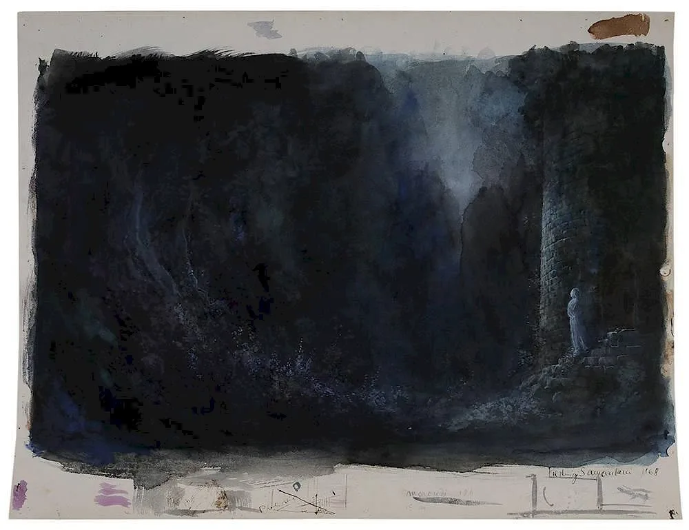 Pier Luigi Samaritani, Moonlit garden with tower and ghostly figure of woman, a set design for an opera, 1968, watercolor on paper