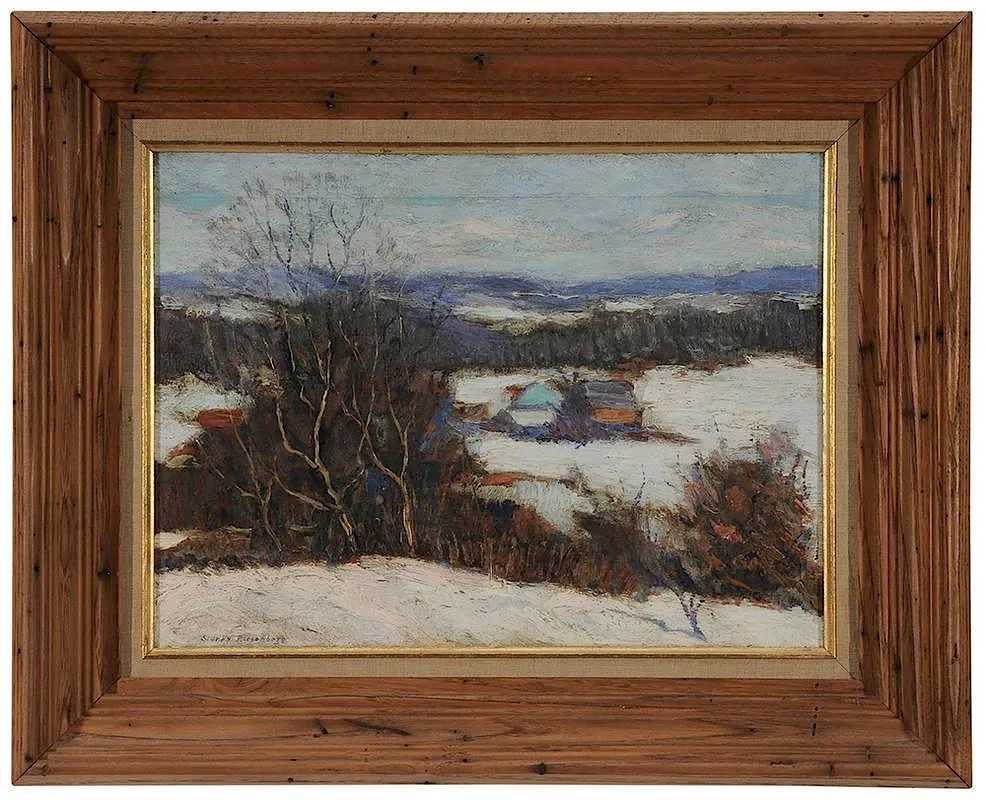 Winter Landscape with Farm by Sidney H. Riesenberg, oil on plywood, sold May 2015