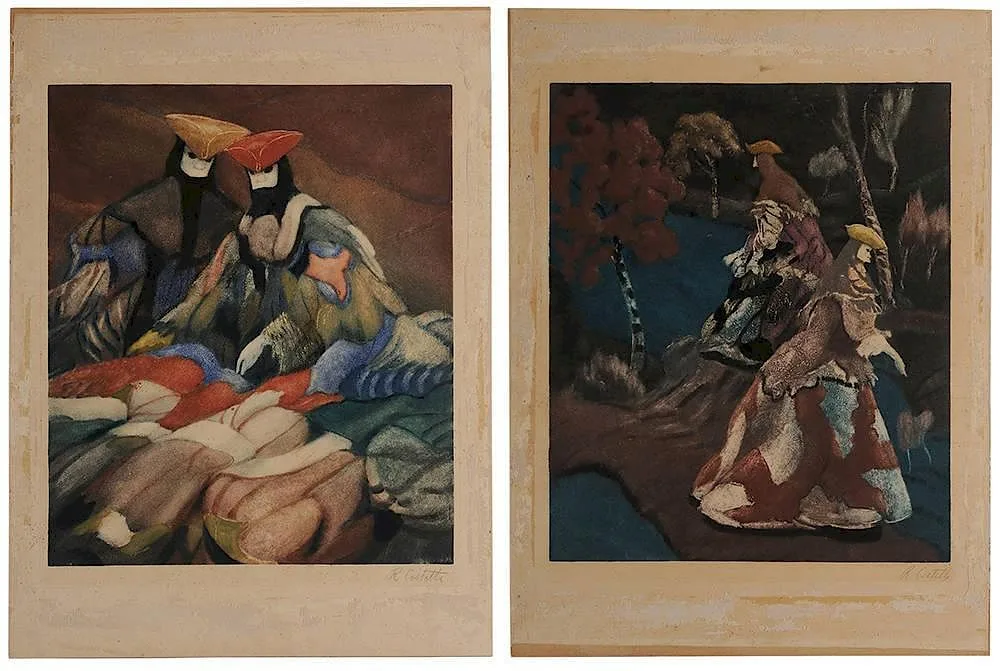 Romeo Costetti, Two scenes of the [Carnivale], color aquatints on paper