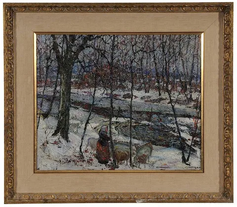 Shepherdess with Sheep in a Frozen Winter Landscape by John Edward Costigan, oil on canvas, sold Mar 2015