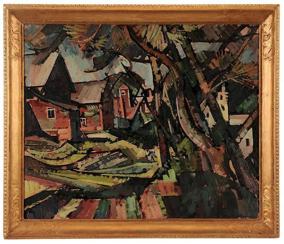 Herbert Barnett, Garden By A River, oil on Masonite