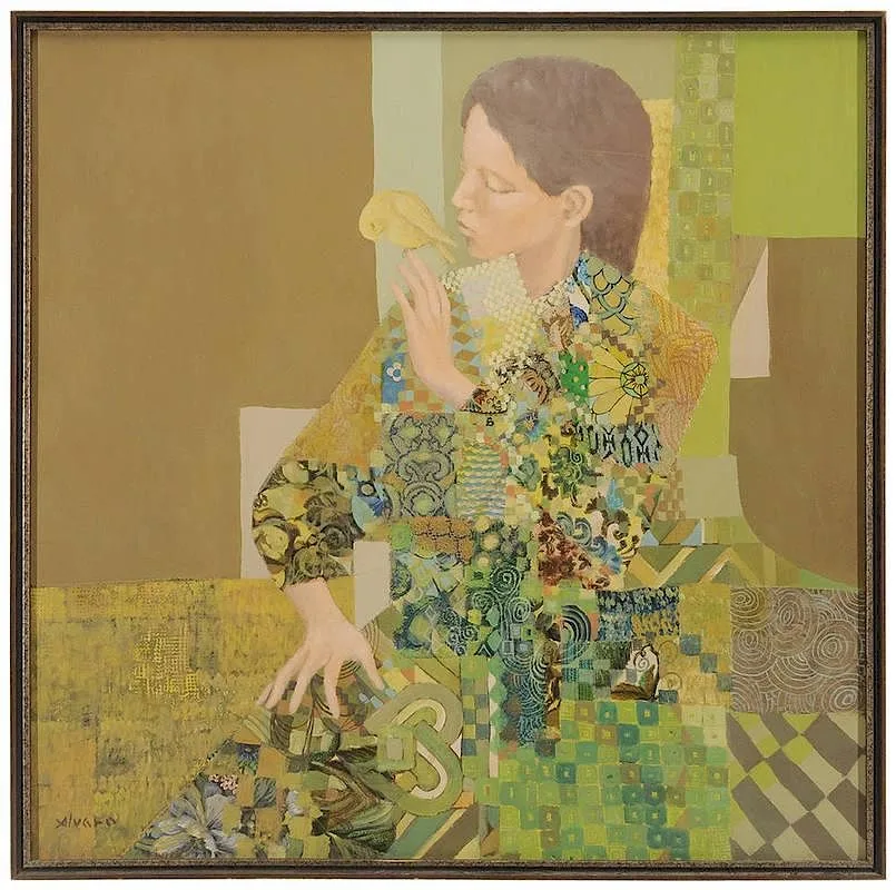 Alvaro, Woman with Canary, mixed media collage on canvas