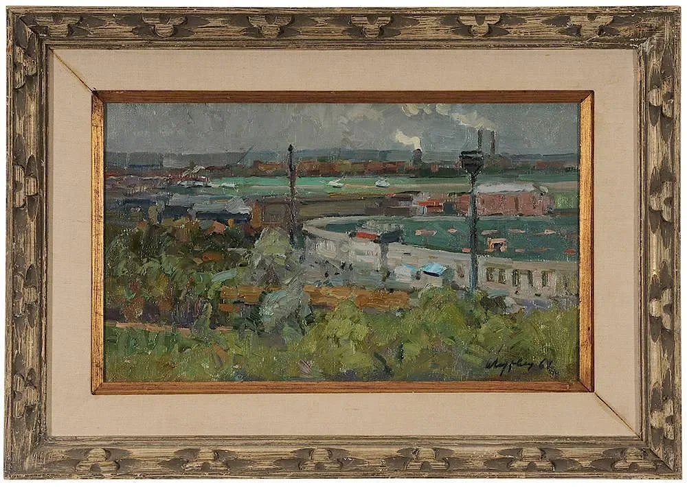 Iosif Gurvich, City View with Port, 1961, oil on canvas board