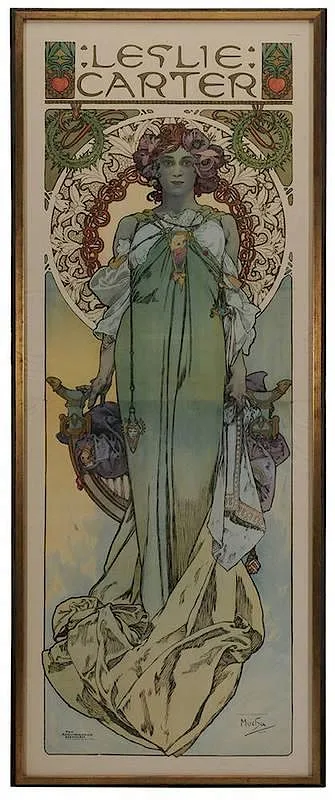 Leslie Carter by Alphonse Mucha, 1908, chromolithographic poster on paper in two sheets joined at center, sold Mar 2015