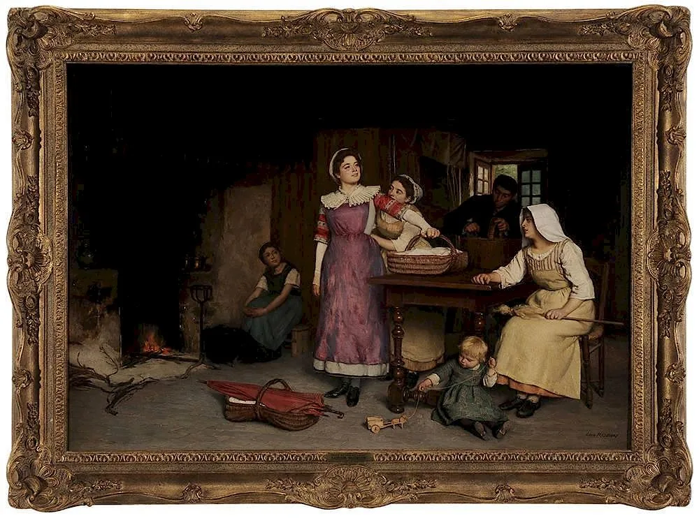 Louis Robin, Off to the Village, central figures packing market baskets with a child seated by the hearth and another with a pull toy, oil on canvas