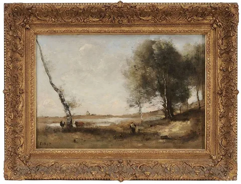 Jean-Baptiste Camille Corot, [Deux vaches et leur gardien au marécage boisé], circa 1865-1870, oil on canvas with colourman stamp for "DEFORGE CARPENTIER S...PARIS"