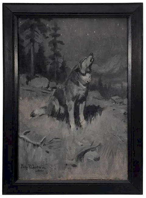 Philip Russell Goodwin, He Would Lift a Mornful [sic] Lament Which They Knew to be the Long Wolf-Howl." illustration for London, Jack, "Brown Wolf", [Everybody's Magazine], 1906, oil in grisaille on canvas laid on fiberboard