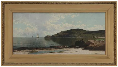 Alfred Thompson Bricher, Calm Inlet, possibly Bailey's Island, Maine, oil on canvas with Devoe & Co. palette colorman stamp
