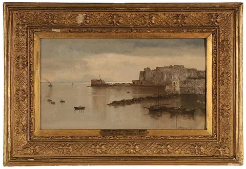 Albert Bierstadt, Castel Nuovo, Naples, Italy, circa 1868, oil on paper laid on card