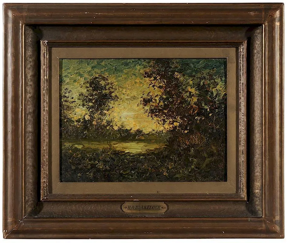 Landscape with Lake by Ralph Albert Blakelock, oil on panel, sold Mar 2015