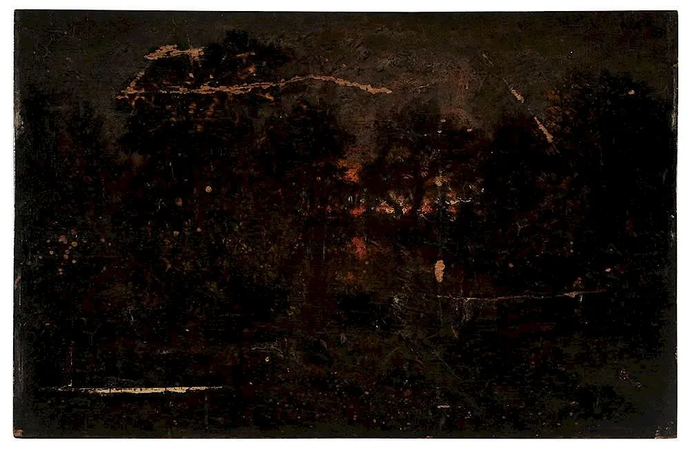 Ralph Albert Blakelock, Sunset Landscape, oil on panel