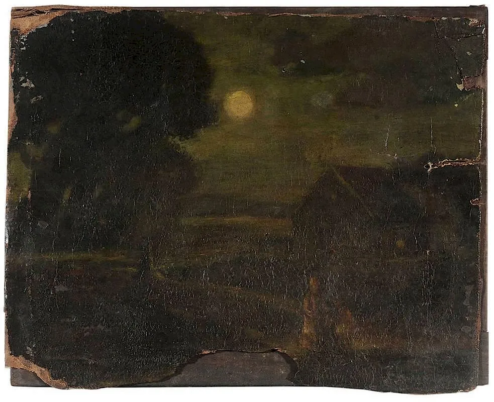 Landscape with Figures on a Moonlit Path by Ralph Albert Blakelock, oil on canvas, sold Mar 2015
