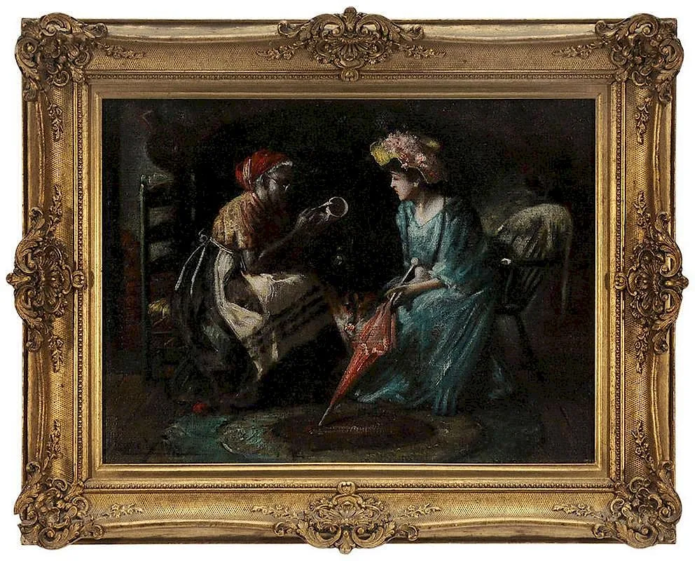 Fortune Teller by Harry Roseland, oil on canvas laid on sketchbook cover, offered Jan 2015