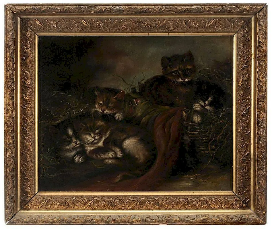 K. Shriver, Basket of Kittens, oil on canvas
