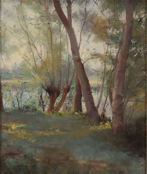Minerva J. Chapman, Birches By Water, oil on canvas