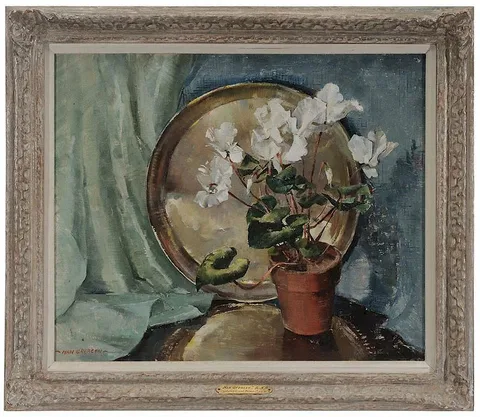 Nan Greacen, Cyclamen and Brass Tray, No. 4, oil on canvas