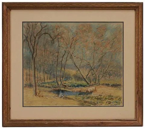 Cows Watering at a Woodland Stream by J. Alden Weir, pastel on card, sold Jan 2015