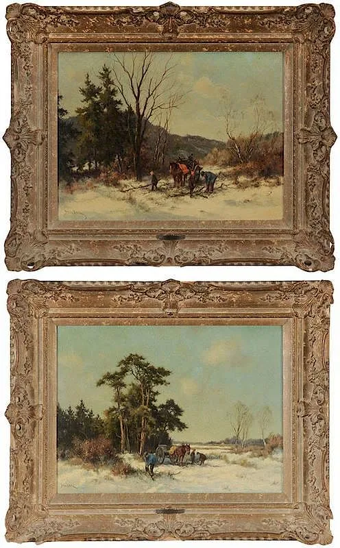 Dorus Arts, A pair of winter wood-gathering scenes, oil on canvas