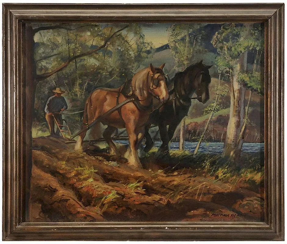MacIvor Reddie, Farmer Plowing with Team, oil on canvas