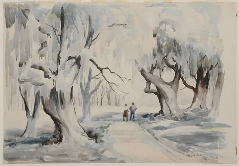 Figures on a Tree-lined Lane by Alfred Heber Hutty, watercolor over pencil on paper, sold Jan 2015