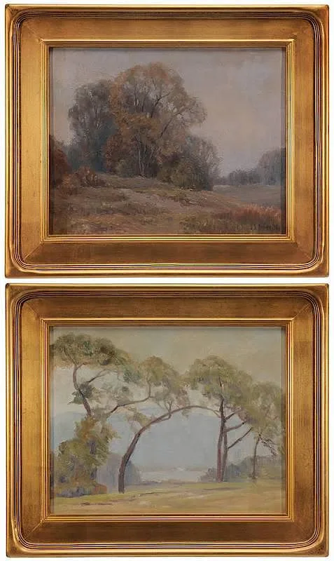 John Sylvan Brown, A pair of Tryon, North Carolina Landscapes, one signed lower right "J.S. Brown.36." one stamped with estate stamp verso, oil on canvas board