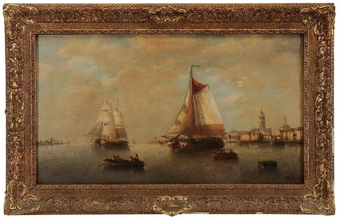 Auguste Musin, On the Scheldt, possibly at Antwerp, oil on canvas