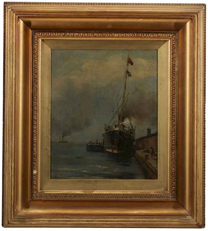 Edmond Dyonnet, Anchored Steamer, 1896, oil on panel