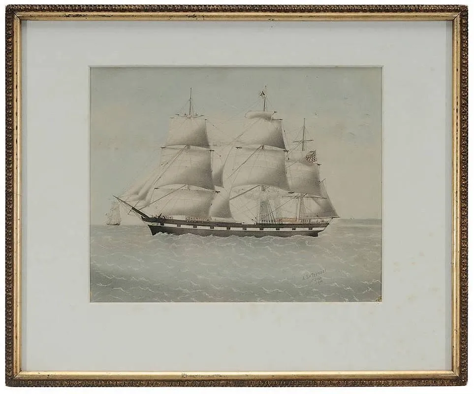 A. Le Prevost, American Frigate off Coast of Havre, 1866, gouache and watercolor over pencil on paper mounted to card