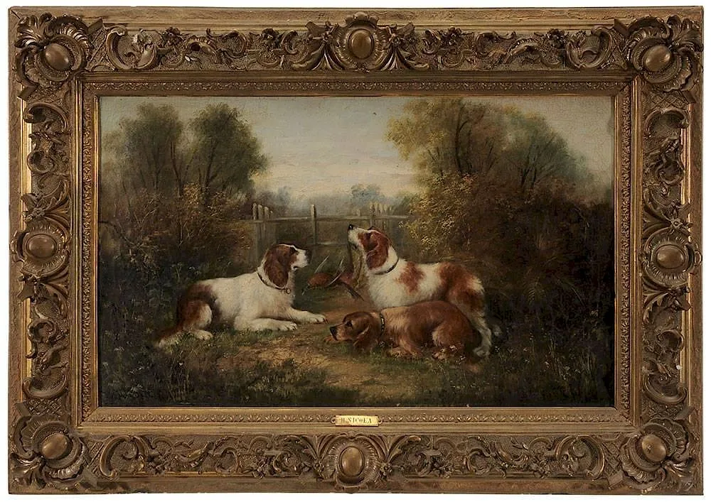 Bird Dogs with Pheasant by H. Nicola, oil on canvas, sold Jan 2015