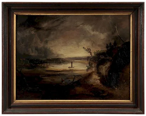 George Loring Brown, Figure on a River Bank, oil on panel