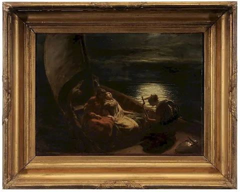 Paul Falconer Poole, Lovers with Harpist in Moonlit Boat, oil on paper laid on canvas