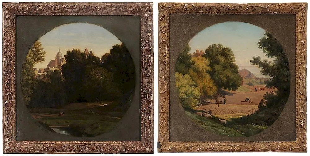 Alexandre Desgoffe, Pair of Pastoral Landscapes: Figure Sowing and Figures Working the Fields, oil on canvas