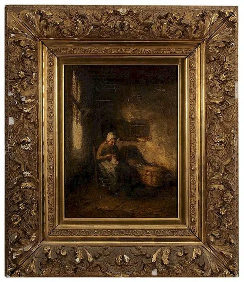 Jacques Cornelis Snoeck, Woman Sewing by a Cradle, oil on panel