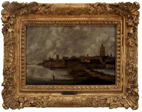 Jan Meerhout, View of Amsterdam, figures on a land bridge, oil on panel