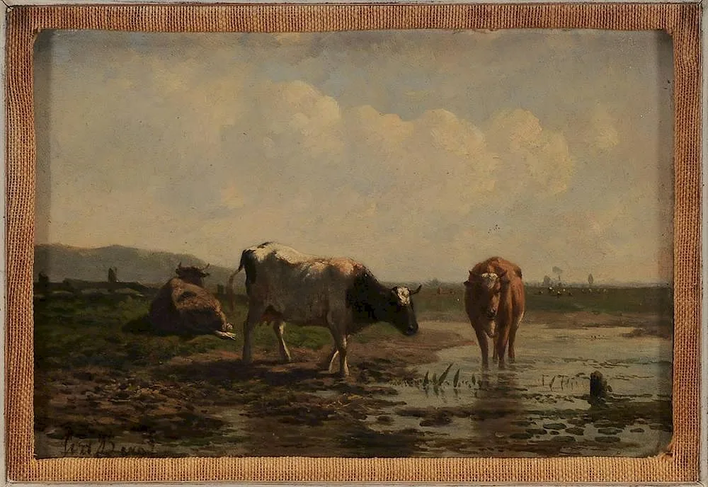 Johann Edvard Bergh, Cows in a Pasture, oil on panel