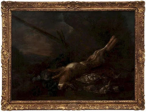 Jan Fyt, A Hare, Partridge, Woodcock, Pigeon, and other Birds, in a landscape with gun propped in a tree stump, oil on canvas