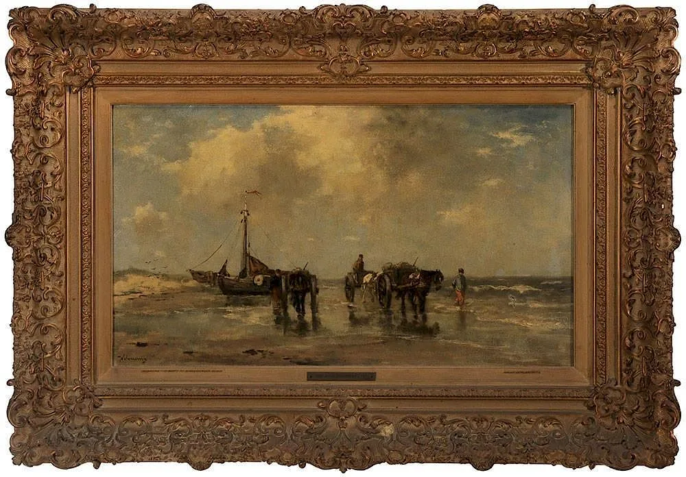 Johan Frederik Cornelius Scherrewitz, Unloading the Boats at Schevinengen Beach, oil on canvas