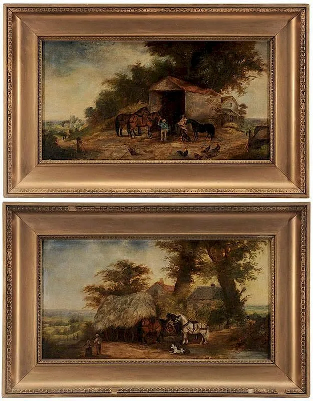 M. Y. Walter, Farm Scenes, a pair, one signed lower right "M.Y. Walter/18, oil on canvas