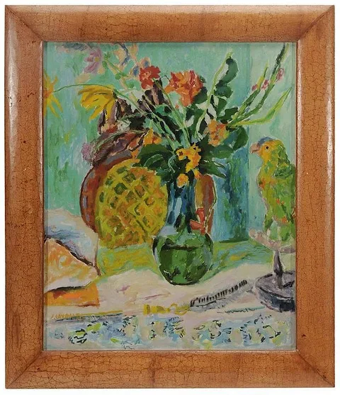 Jules Cavaillès, Nature morte aux fleurs et perroquet, oil on canvas