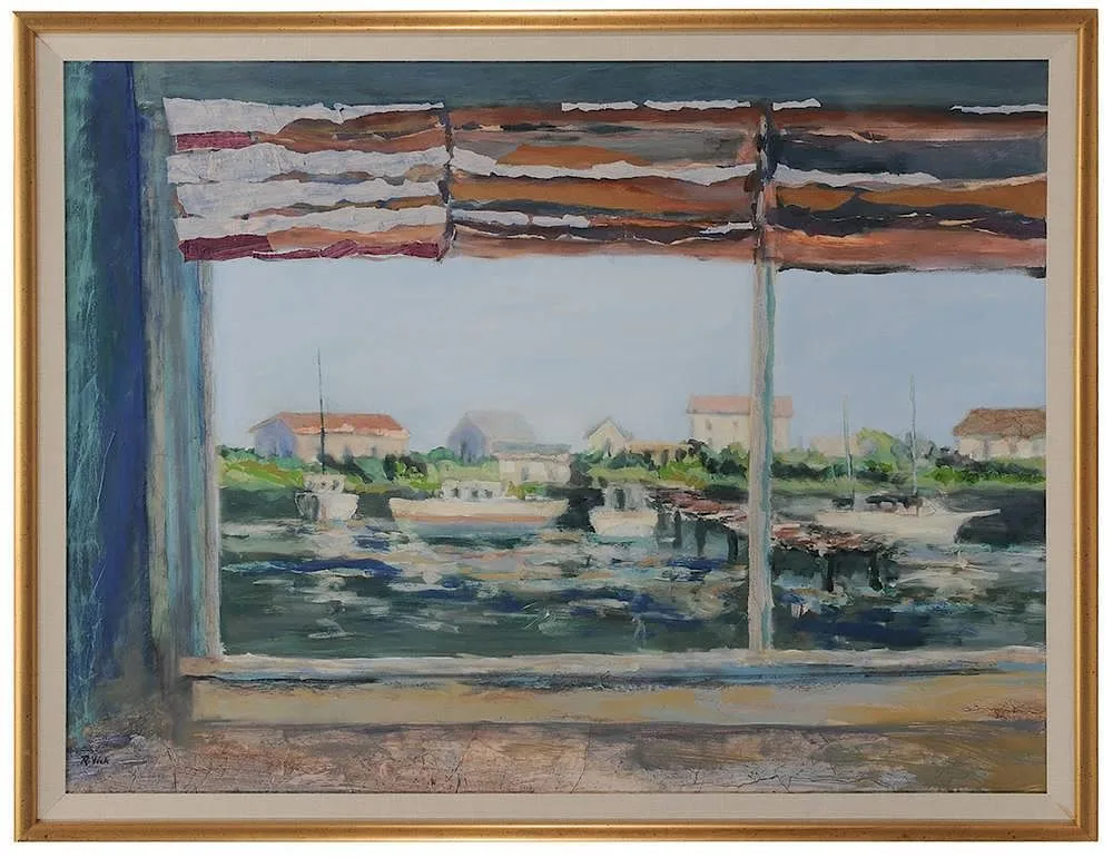 Robert V. Vick, View of a Coastal Waterway Through a Window, oil with collage on canvas