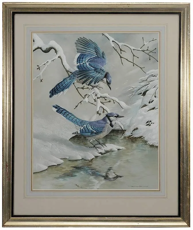 Basil Ede, Blue Jays in Winter, 1968, gouache on paper