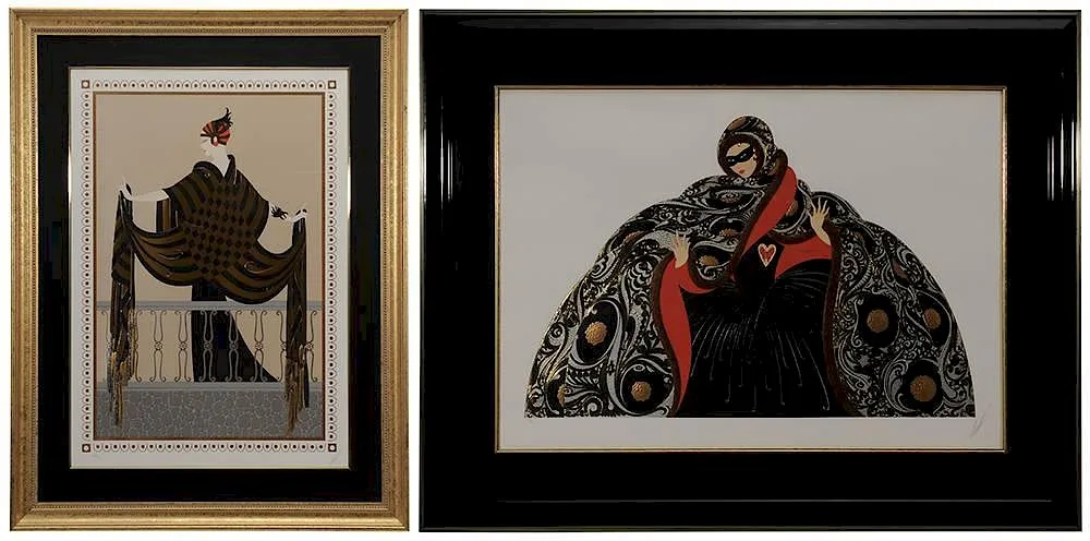 Masquerade II by Erté, screenprint in colors with metallic embossing on paper, sold Nov 2014