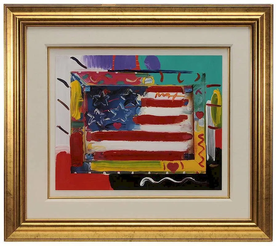 Peter Max, Flag with Heart, offset print and acrylic on paper