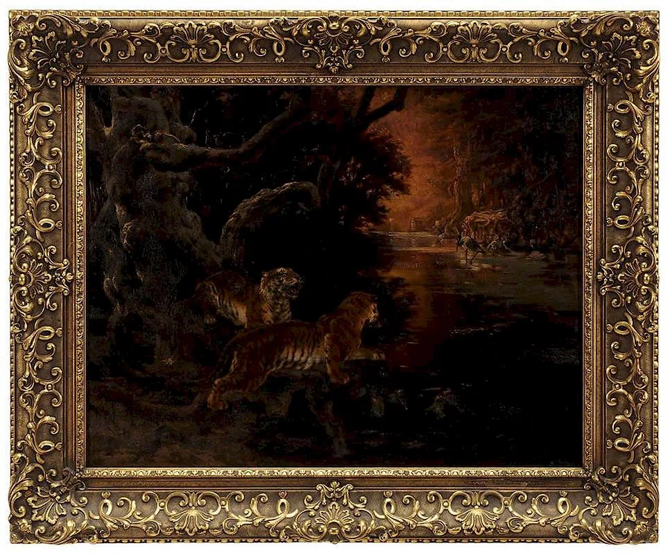 Rudolf Ernst, Tigers Stalking, jungle landscape with two tigers under a baobob tree, oil on panel with colourman stamp for "Blanchet…Paris"