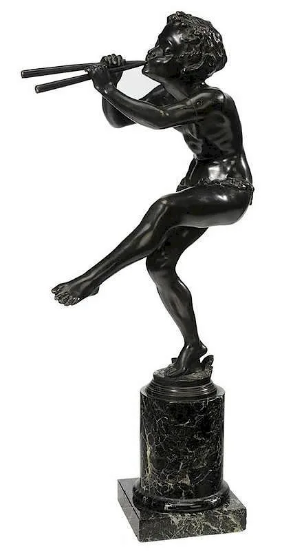 Satyr Playing Pipes by Edouard Drouot, patinated bronze on green marble base, sold Nov 2014