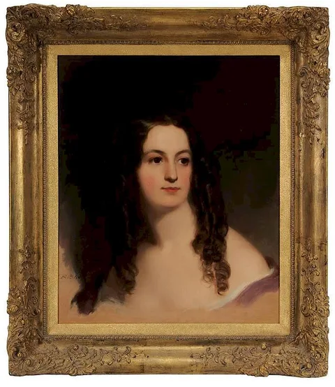 Thomas Sully, Miss Esther Hoppin (1819-1905), oil on artist board with colourman label for "G. Rowney & Co."