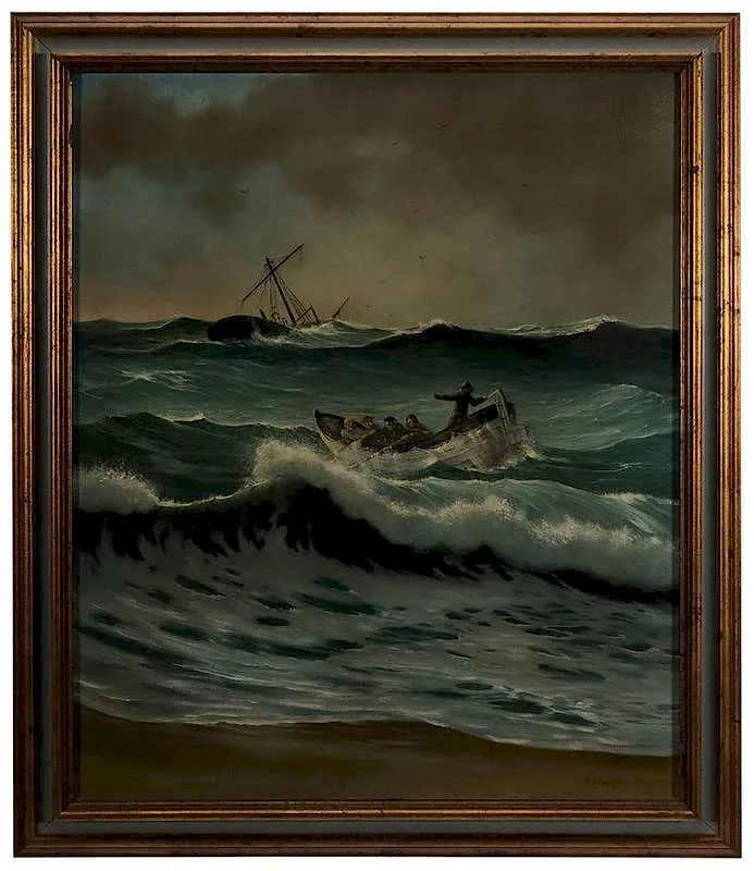 G. Johansen, Salvagers Rowing to Foundered Vessel Off Cape Hatteras, oil on canvas