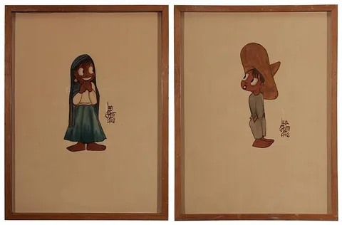 Two cariacatures: Little Pancho and a Girl by Leo Politi, 1942, watercolor on paper, sold Nov 2014